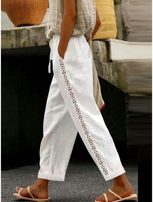 Women s Straight Linen Mid Waist Casual Streetwear Vacation Lace Pocket Solid Color Long Pants