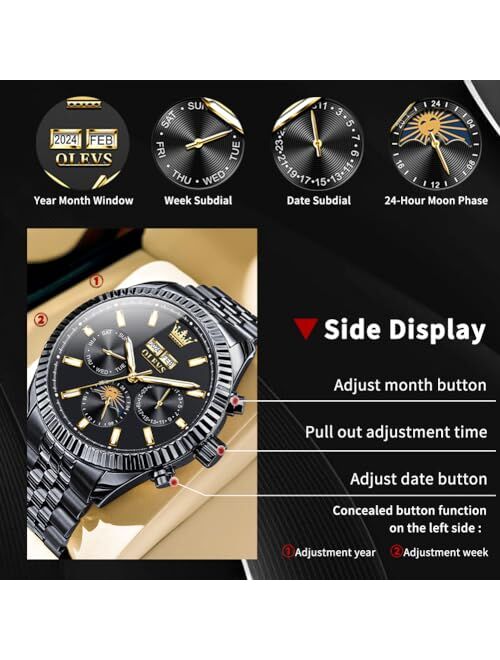 OUPINKE Men Automatic Watch Mechanical Self Winding Classic Luxury Big Face Dress Moon Phase Stainless Steel Wrist Watches Waterproof Luminous