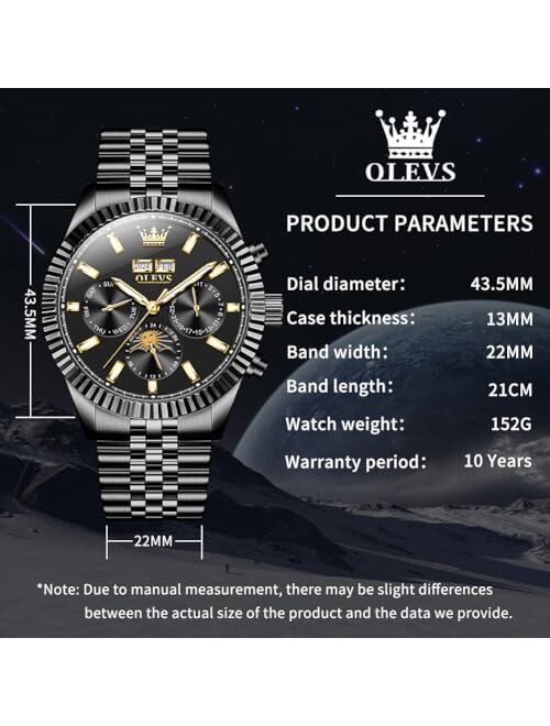 OUPINKE Men Automatic Watch Mechanical Self Winding Classic Luxury Big Face Dress Moon Phase Stainless Steel Wrist Watches Waterproof Luminous