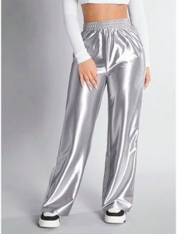 SHEIN PETITE Coated Straight legged Trousers With Shiny Finish