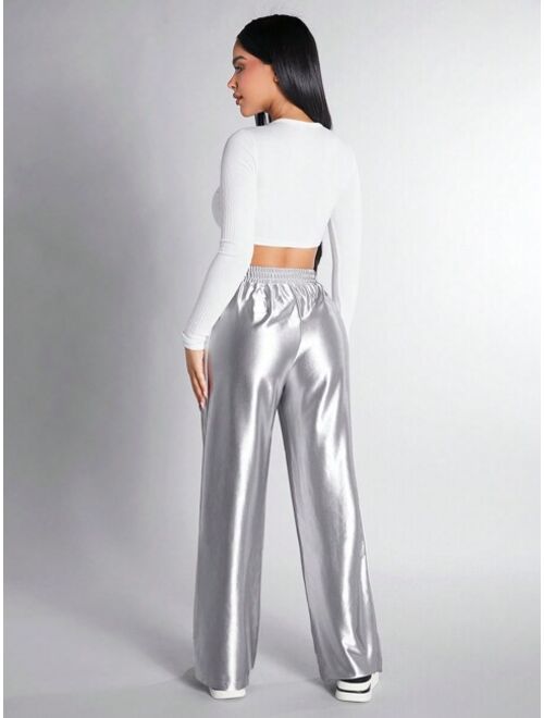 SHEIN PETITE Coated Straight legged Trousers With Shiny Finish