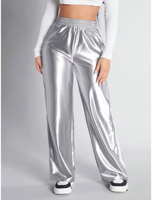 SHEIN PETITE Coated Straight legged Trousers With Shiny Finish