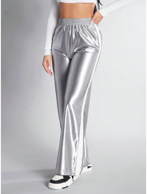 SHEIN PETITE Coated Straight legged Trousers With Shiny Finish