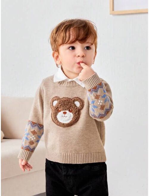 SHEIN Baby Boys' Casual Loose Fit Round Neck Pullover Sweater With Bear Embroidery, Long Sleeve