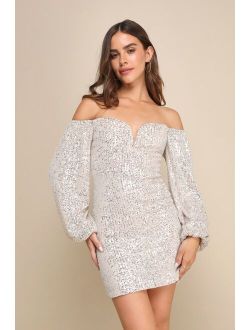 Immensely Iconic Silver Sequin Off-the-Shoulder Mini Dress