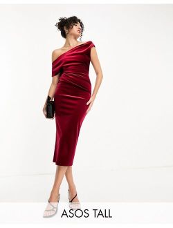 ASOS Tall ASOS DESIGN Tall velvet fallen shoulder pleat back midi dress in burgundy