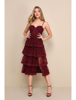 Exceptional Persona Wine Red Lace Tiered Bustier Midi Dress