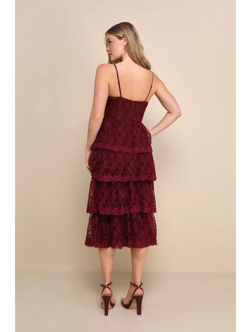 Lulus Exceptional Persona Wine Red Lace Tiered Bustier Midi Dress