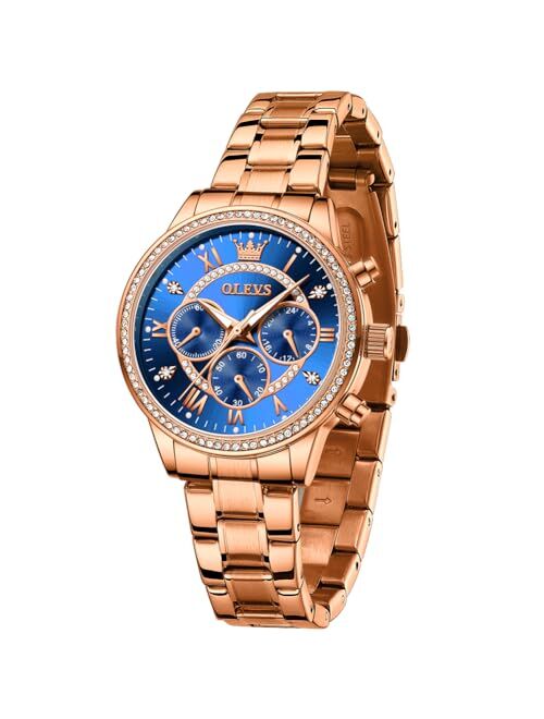 OLEVS Watches for Women Rose Gold Dress Fashion Diamond Chronograph Waterproof Luminous Quartz Stainless Steel Lady Watch Reloj para Mujer