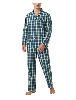 Men's Pajama Set Long Sleeve Sleepwear Lounge PJ Top Bottom with Pocket Woven Cotton Knit Plaid Button-Down M103/M108