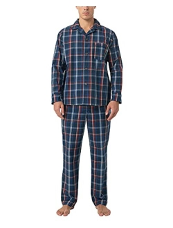 Men's Pajama Set Long Sleeve Sleepwear Lounge PJ Top Bottom with Pocket Woven Cotton Knit Plaid Button-Down M103/M108