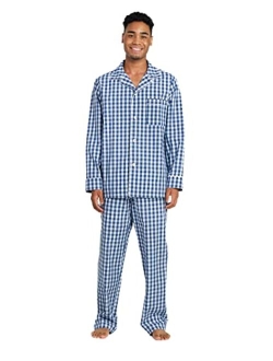 Men's Pajama Set Long Sleeve Sleepwear Lounge PJ Top Bottom with Pocket Woven Cotton Knit Plaid Button-Down M103/M108