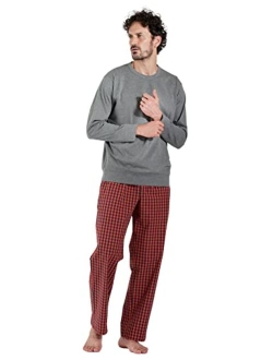 Men's Pajama Set Long Sleeve Sleepwear Lounge PJ Top Bottom with Pocket Woven Cotton Knit Plaid Button-Down M103/M108