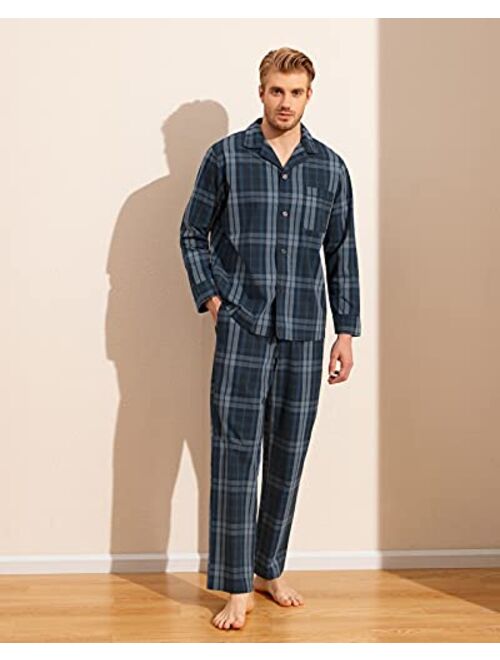 LAPASA Men's Pajama Set Long Sleeve Sleepwear Lounge PJ Top Bottom with Pocket Woven Cotton Knit Plaid Button-Down M103/M108