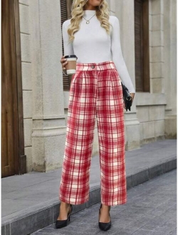 SHEIN LUNE Women s Plaid Printed Wide Leg Pants With Slanted Pockets