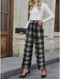 SHEIN LUNE Women s Plaid Printed Wide Leg Pants With Slanted Pockets