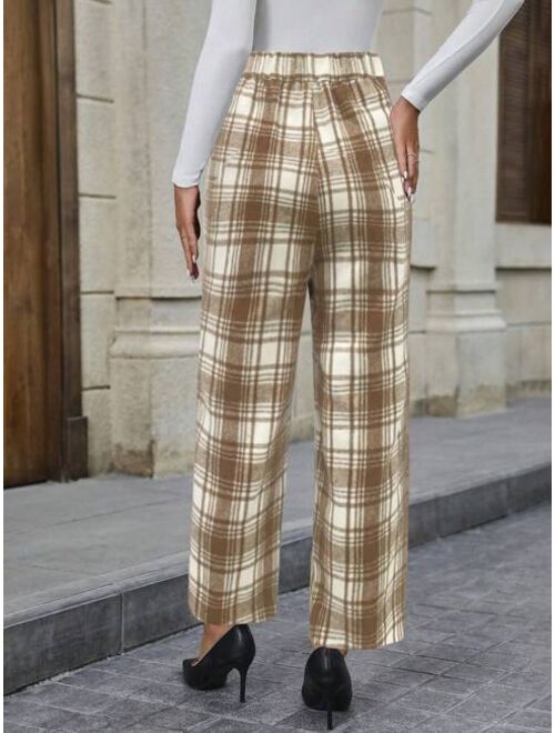 SHEIN LUNE Women s Plaid Printed Wide Leg Pants With Slanted Pockets