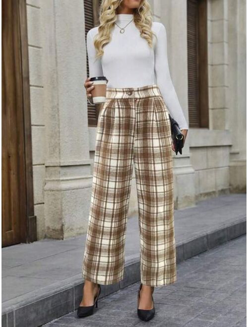 SHEIN LUNE Women s Plaid Printed Wide Leg Pants With Slanted Pockets