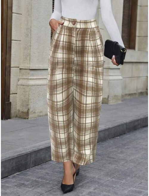 SHEIN LUNE Women s Plaid Printed Wide Leg Pants With Slanted Pockets