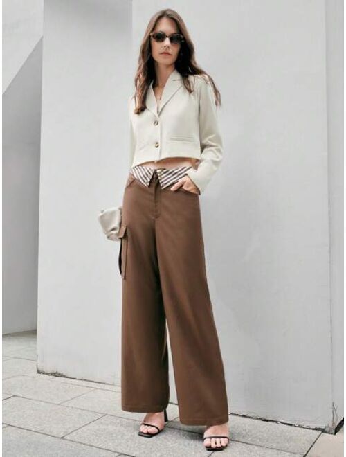 Anewsta Women s Folded Wide Leg Pants With Flap Pockets