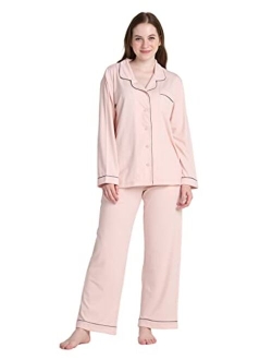 Women's Pajama Set Stretchy Knit Sleepwear 2 Piece Loungewear Shirt Long Sleeves Pj Button-Down & Print Soft L103/L110