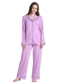 Women's Pajama Set Stretchy Knit Sleepwear 2 Piece Loungewear Shirt Long Sleeves Pj Button-Down & Print Soft L103/L110