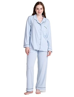 Women's Pajama Set Stretchy Knit Sleepwear 2 Piece Loungewear Shirt Long Sleeves Pj Button-Down & Print Soft L103/L110