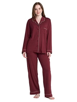 Women's Pajama Set Stretchy Knit Sleepwear 2 Piece Loungewear Shirt Long Sleeves Pj Button-Down & Print Soft L103/L110