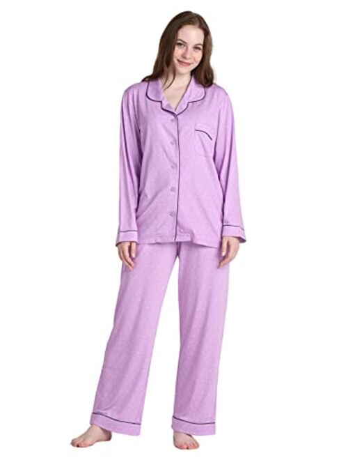 LAPASA Women's Pajama Set Stretchy Knit Sleepwear 2 Piece Loungewear Shirt Long Sleeves Pj Button-Down & Print Soft L103/L110