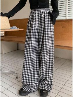 Plaid Pattern Drawstring Waist Wide leg Pants