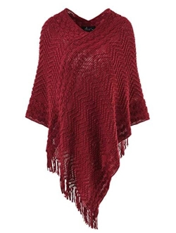 Ferand Women's Elegant Cozy Poncho Sweater with Chevron Stripes and Fringes