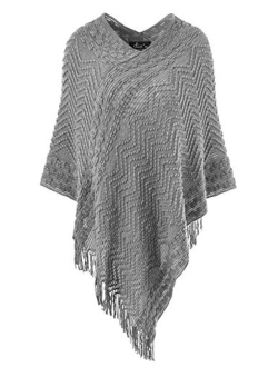 Ferand Women's Elegant Cozy Poncho Sweater with Chevron Stripes and Fringes