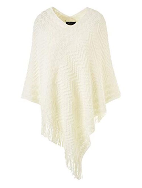 Ferand Women's Elegant Cozy Poncho Sweater with Chevron Stripes and Fringes