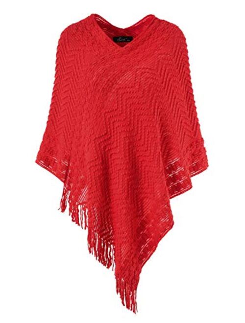 Ferand Women's Elegant Cozy Poncho Sweater with Chevron Stripes and Fringes