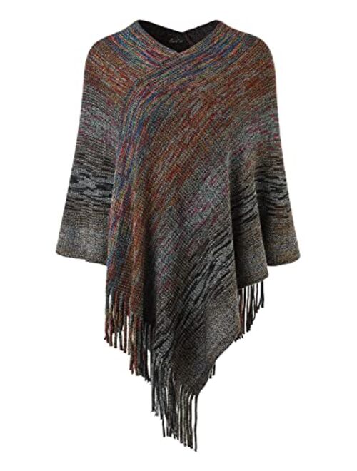 Ferand Women's Multicolor Poncho Sweater Versatile Wrap Shawl with Fringes