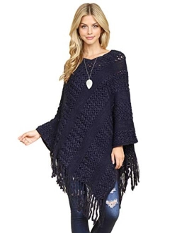 MYS Collection Classic Soft Knit Poncho Shawl Wrap - Basic Warm Pullover Fringe Tassel Sweater Chunky Crochet, Plain V-Neck