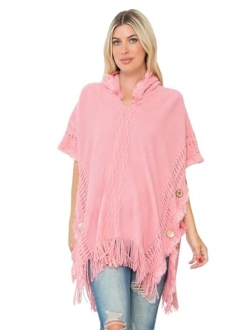 MYS Collection Classic Soft Knit Poncho Shawl Wrap - Basic Warm Pullover Fringe Tassel Sweater Chunky Crochet, Plain V-Neck