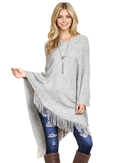 MYS Collection Classic Soft Knit Poncho Shawl Wrap - Basic Warm Pullover Fringe Tassel Sweater Chunky Crochet, Plain V-Neck