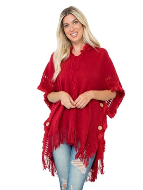 MYS Collection Classic Soft Knit Poncho Shawl Wrap - Basic Warm Pullover Fringe Tassel Sweater Chunky Crochet, Plain V-Neck