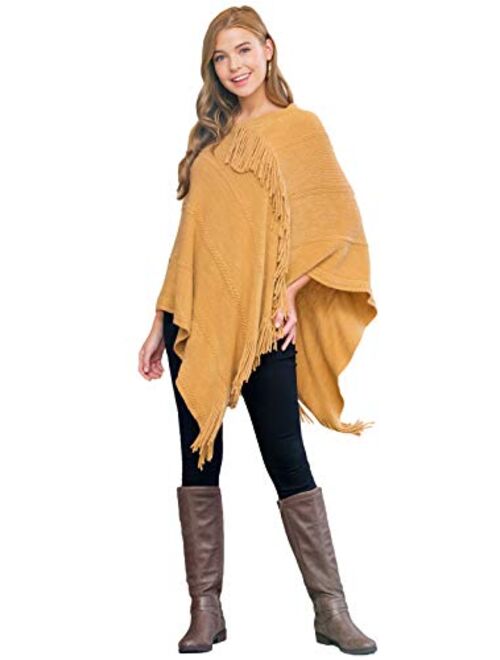 MYS Collection Classic Soft Knit Poncho Shawl Wrap - Basic Warm Pullover Fringe Tassel Sweater Chunky Crochet, Plain V-Neck