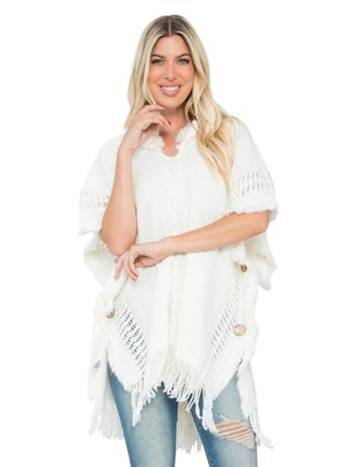 MYS Collection Classic Soft Knit Poncho Shawl Wrap - Basic Warm Pullover Fringe Tassel Sweater Chunky Crochet, Plain V-Neck