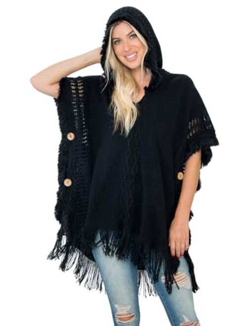 MYS Collection Classic Soft Knit Poncho Shawl Wrap - Basic Warm Pullover Fringe Tassel Sweater Chunky Crochet, Plain V-Neck