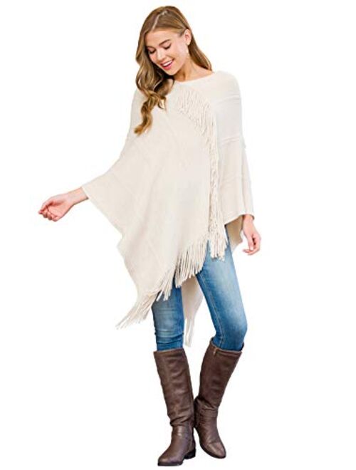 MYS Collection Classic Soft Knit Poncho Shawl Wrap - Basic Warm Pullover Fringe Tassel Sweater Chunky Crochet, Plain V-Neck