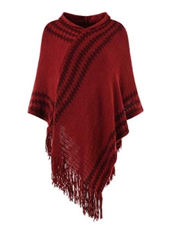 Ferand Women's Hooded Zigzag Striped Knit Cape Poncho Sweater with Fringes