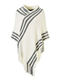 Ferand Women's Hooded Zigzag Striped Knit Cape Poncho Sweater with Fringes