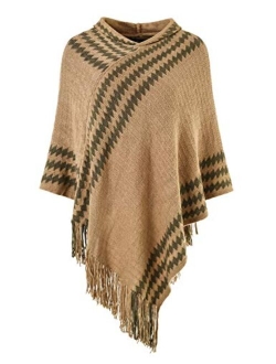 Ferand Women's Hooded Zigzag Striped Knit Cape Poncho Sweater with Fringes