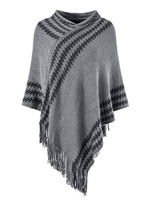 Ferand Women's Hooded Zigzag Striped Knit Cape Poncho Sweater with Fringes