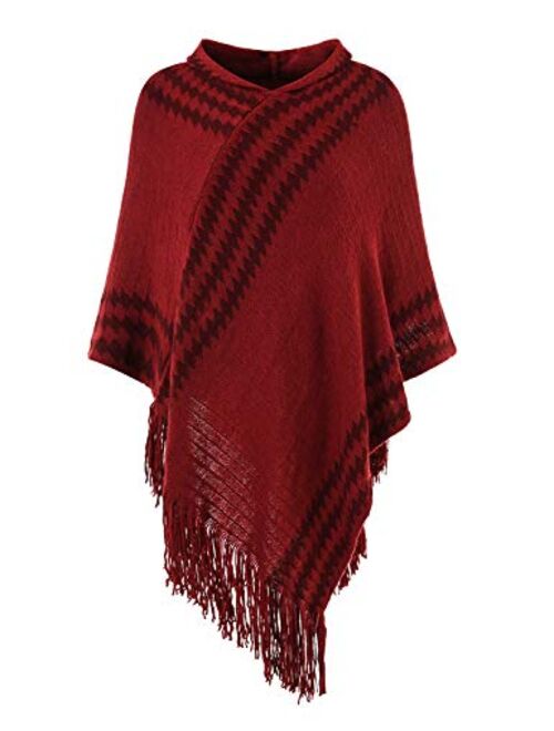 Ferand Women's Hooded Zigzag Striped Knit Cape Poncho Sweater with Fringes