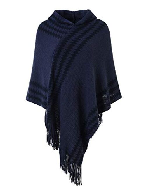 Ferand Women's Hooded Zigzag Striped Knit Cape Poncho Sweater with Fringes