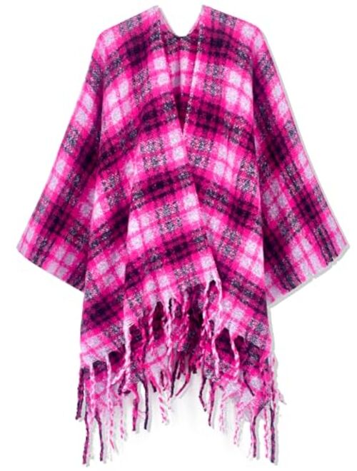 Moss Rose Women's Travel Plaid Shawl Wrap Open Front Poncho Cape for Fall Winter